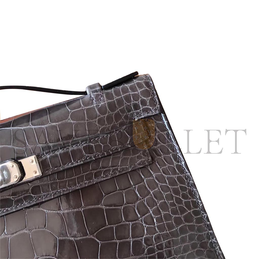 HERMÈS MASTER MINI KELLY POCHETTE GLOSSY SQUARE CROCODILE ELEPHANT GRAY SILVER BUCKLE (22*14*7cm) 